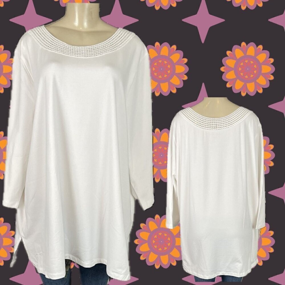 Jessica London 26/28 White Bateau Mesh Neckline Cotton Mix 3/4 Sleeve Tunic Top
